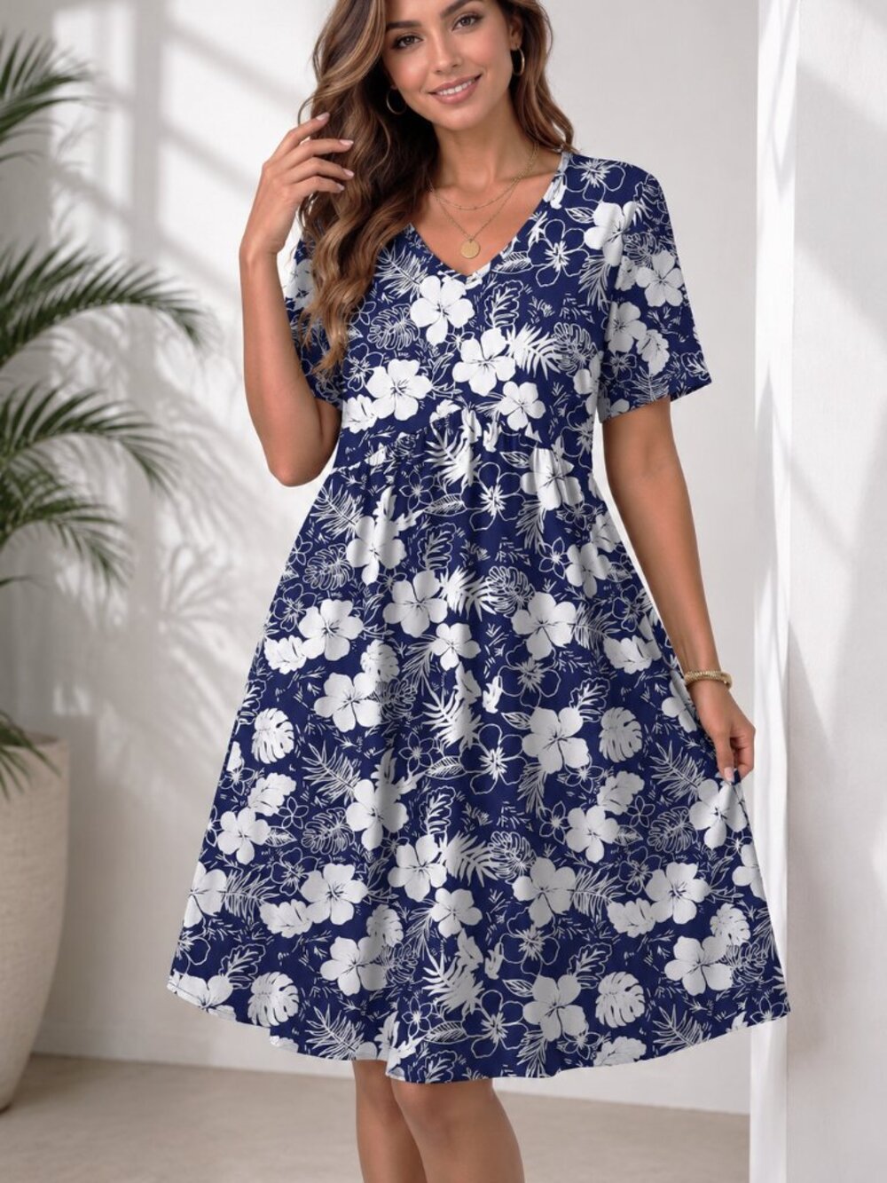 Women Floral V Neck Short Sleeve Midi Dress w/ Pockets, Size L, Navy-Floral